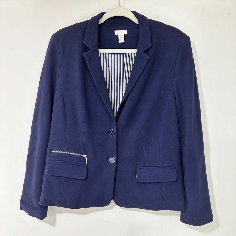 Chico's‎ Blazer Jacket Women 2 Navy Blue Cotton Knit Zip Pocket Classic Preppy